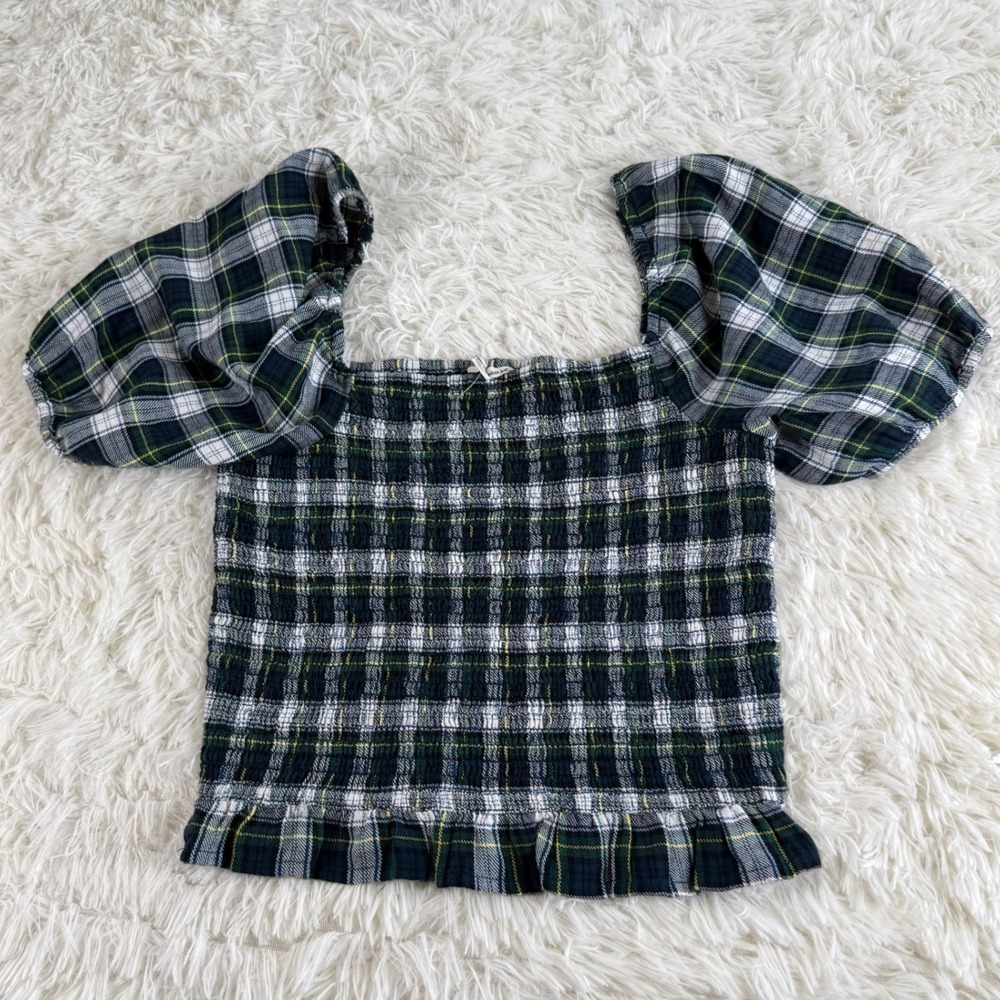 American Eagle Plaid Smocked Puff Sleeve Top Green Blue White Medium Cottagecore